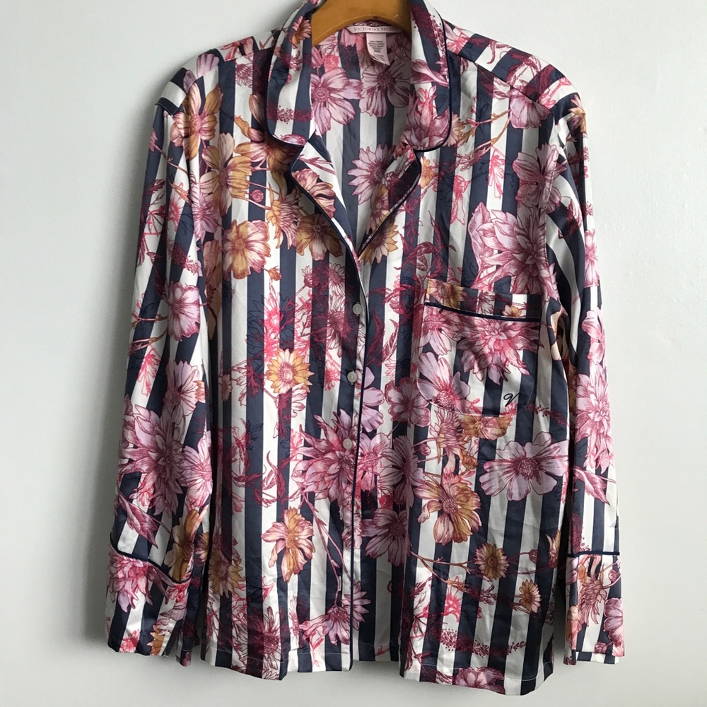 VICTORIAS SECRET PJ SHIRT SATIN LONG SLEEVE FLORAL STRIPE XL